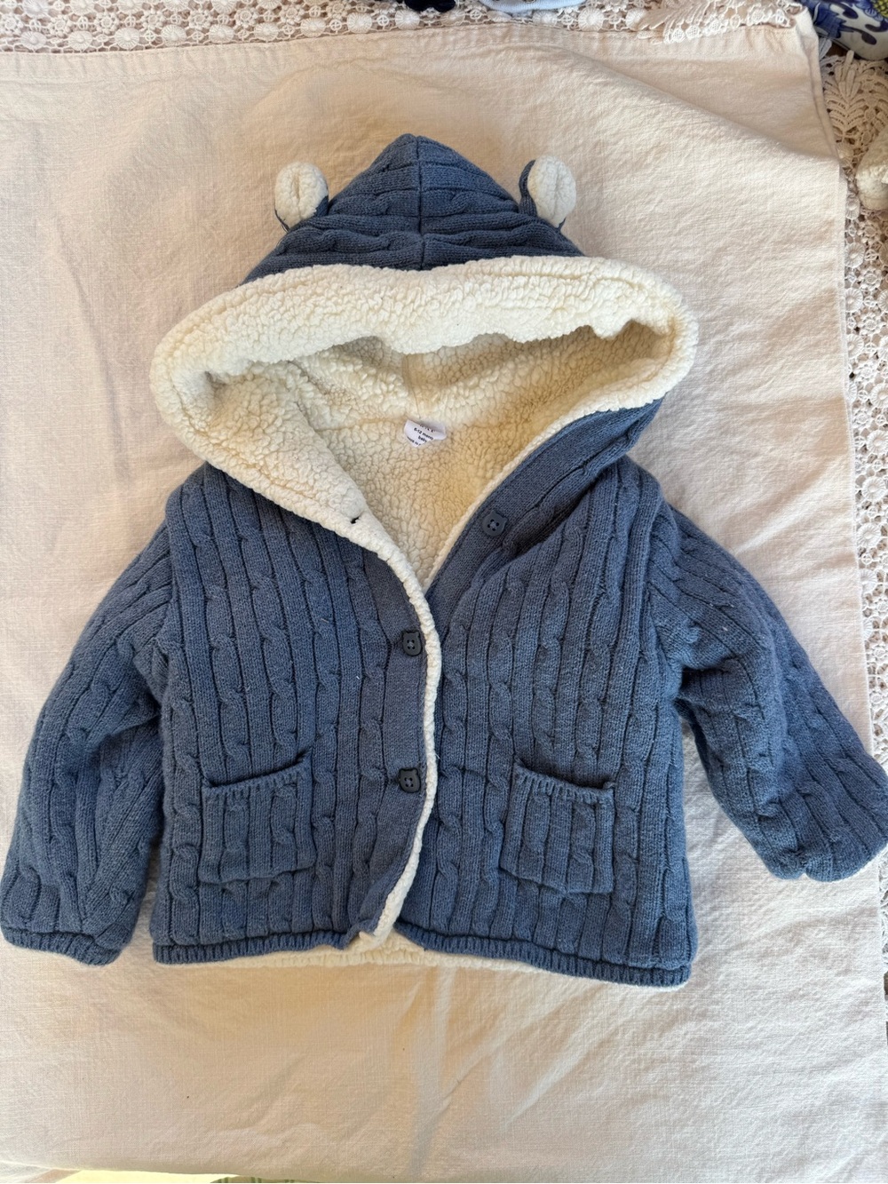 GAP Navy Blue Knit Hooded Puffer with Cream Sherpa Lining